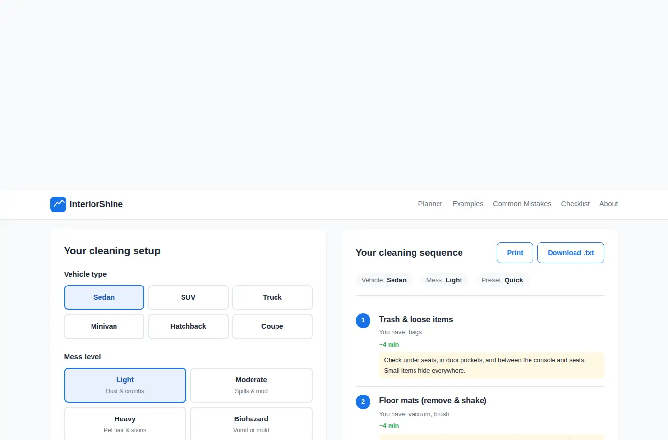 Screenshot of InteriorShine: Car Interior Deep Clean Sequencer interface showing the project page in use